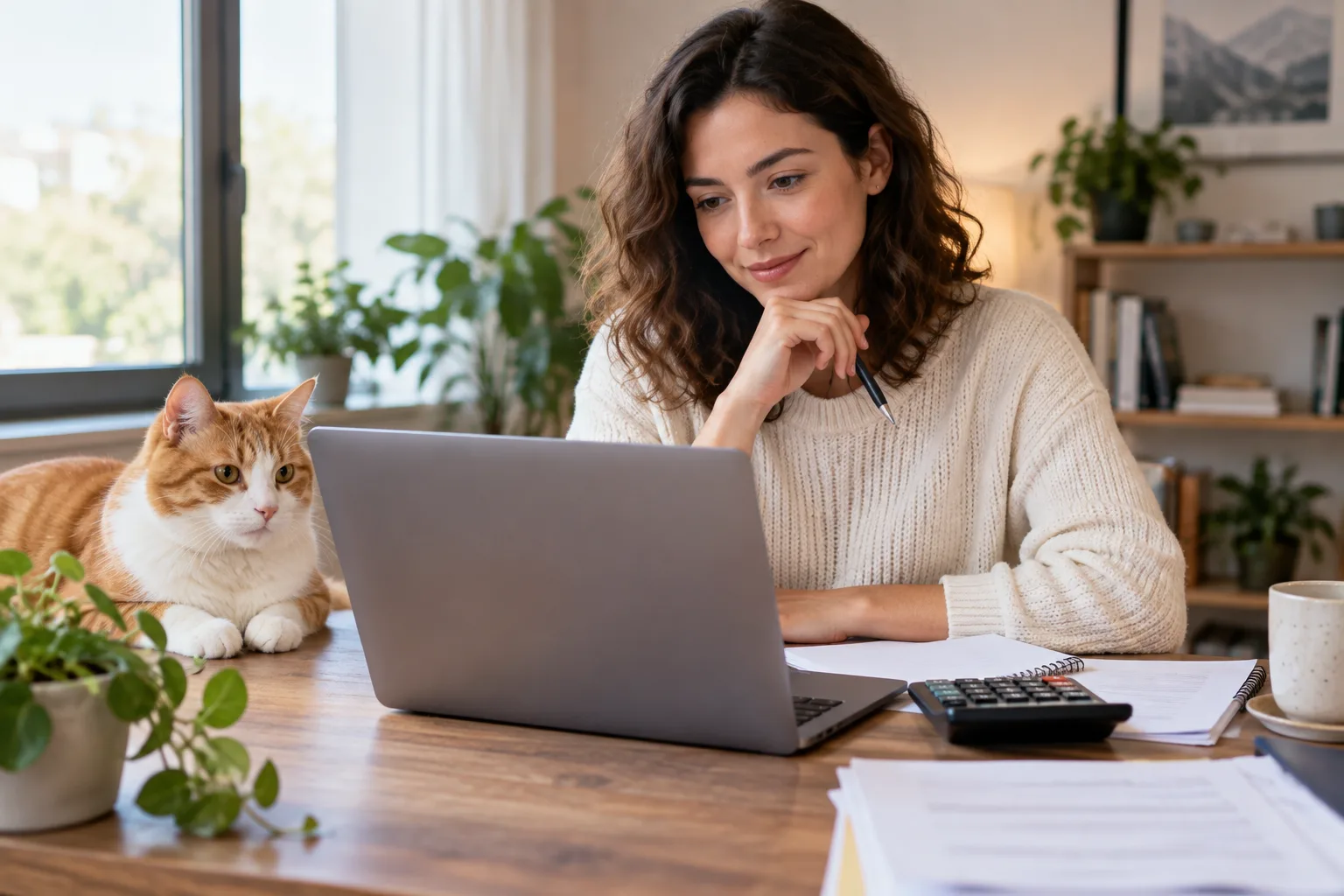 Cat owner reviewing options on a laptop with a cat beside her