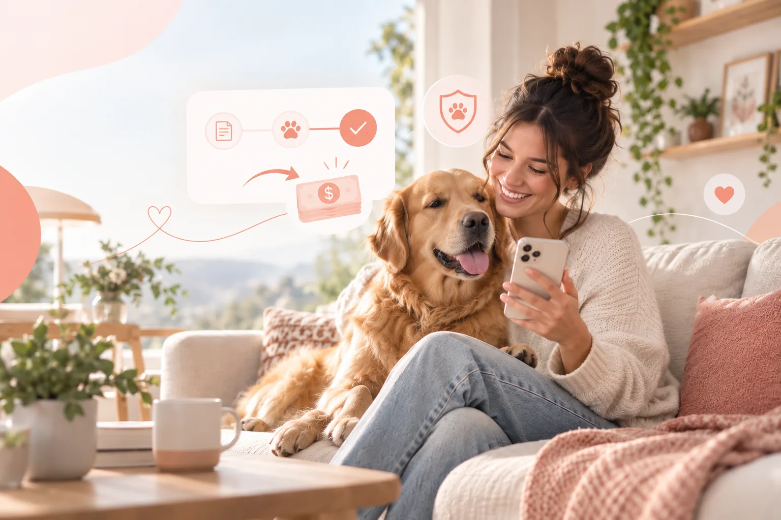 Dog owner looking at a smartphone beside a golden retriever